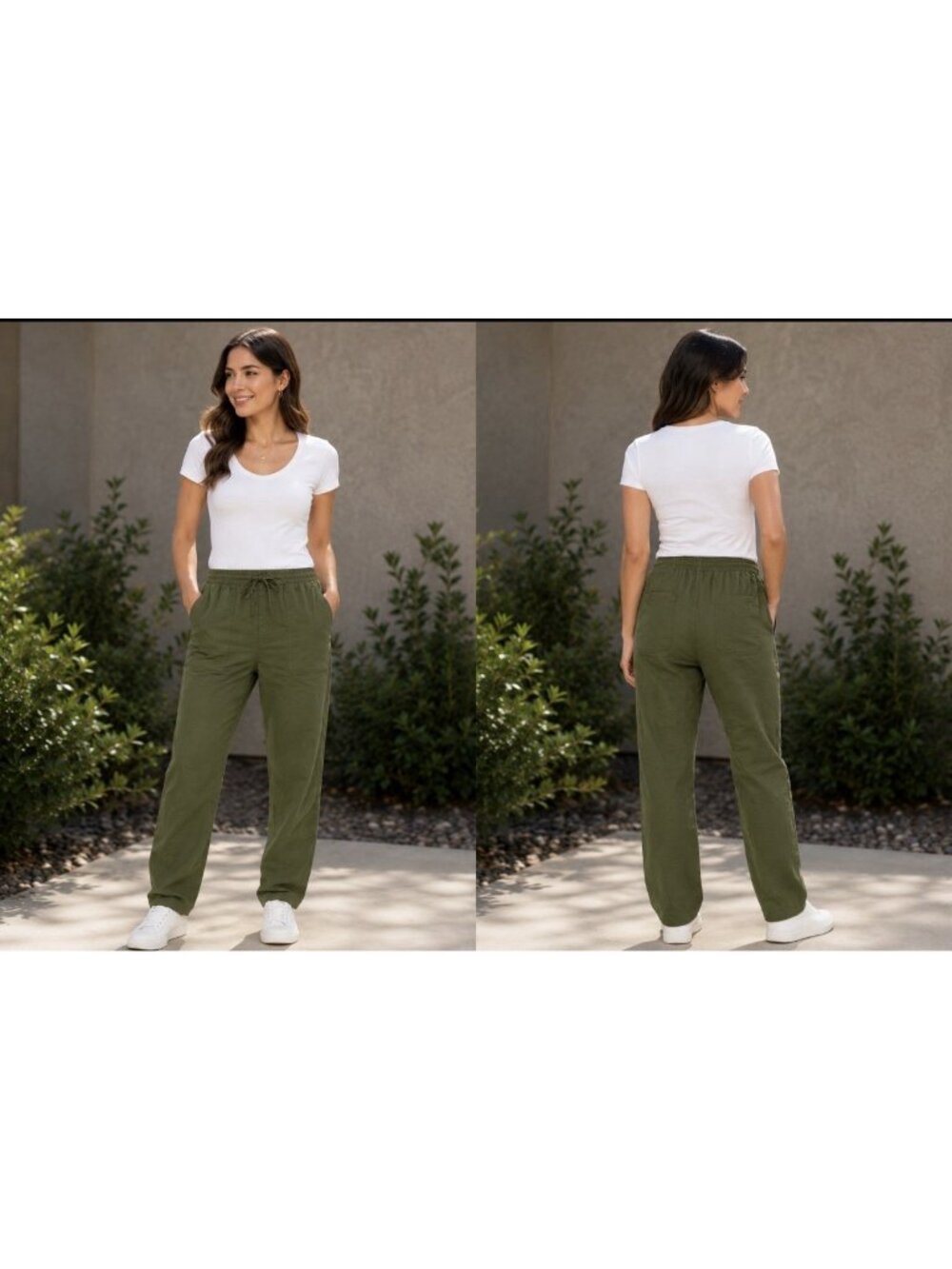 Dr Flax Pant Women Olive Linen Straight Leg Pull On Elastic Ankle Pants S M NEW